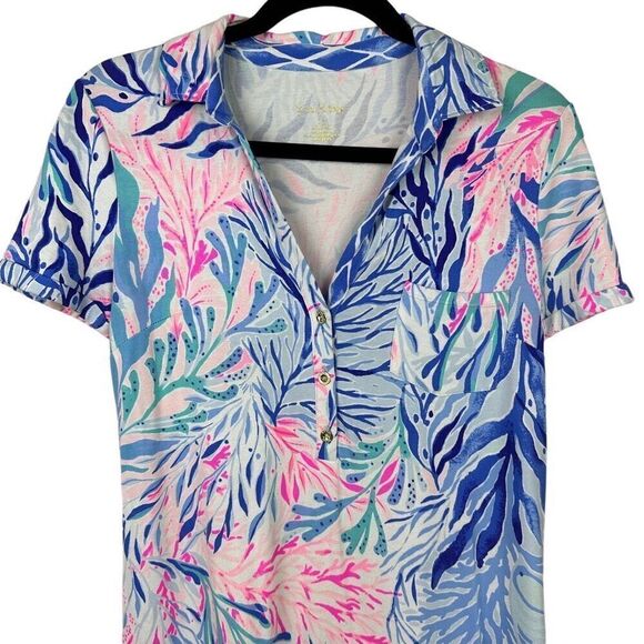 Lilly Pulitzer Sadie Polo Shirt Dress V-Neck Blue Tint Kaleidoscope Stretch Size - Picture 2 of 4